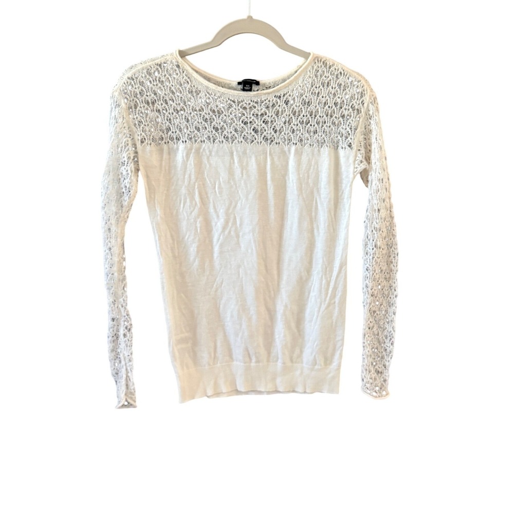 Ann Taylor Womens XS White Crochet Lace Yoke Long Sleeve Wool Blend Sweater